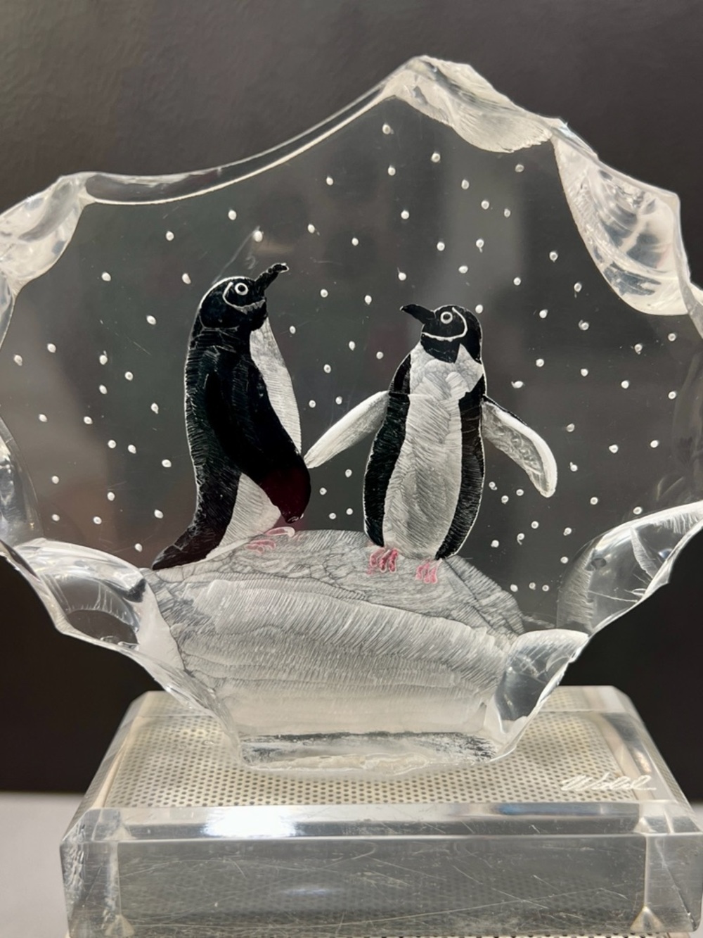 VTG Hand Carved & Painted 3D Lucite Penquin Ice Sculpture/Figurine/Paperweight